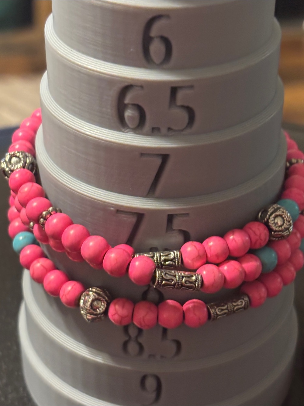 Pink and Blue Stone Beaded Stackable Bracelets with Silver Accents - Picture 4 of 13